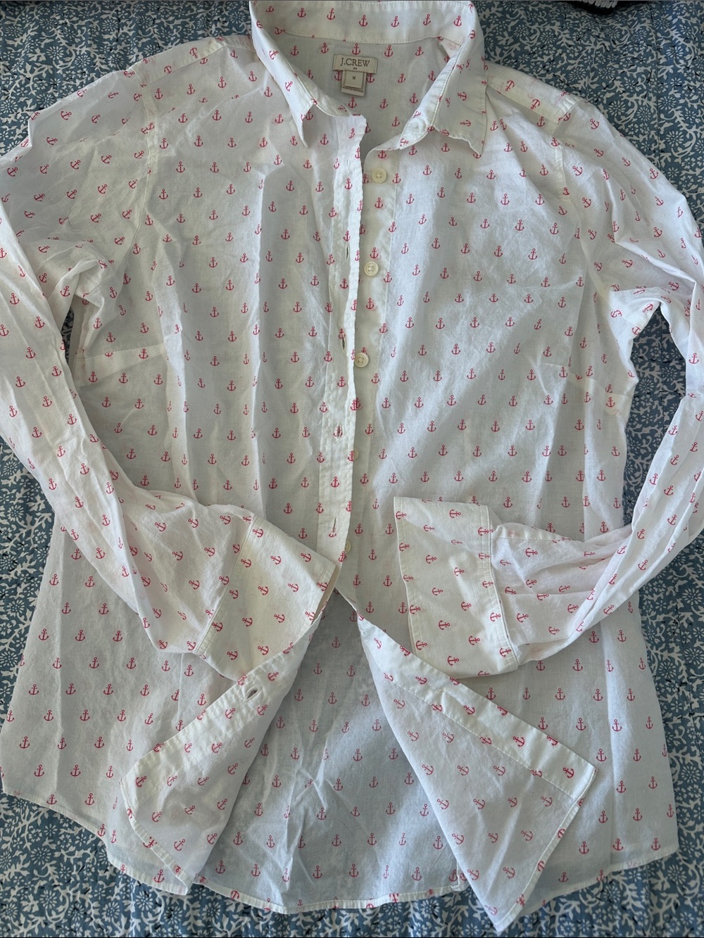 J. Crew White Button-Down Shirt with pink  Anchor Pattern